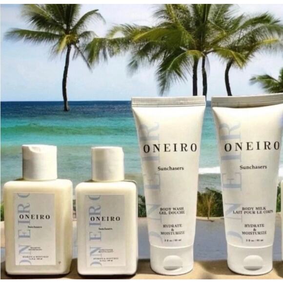 Oneiro NIP Sunchasers Travel Set Body Milk Body Wash Shampoo Conditioner + Bag - Picture 1 of 16